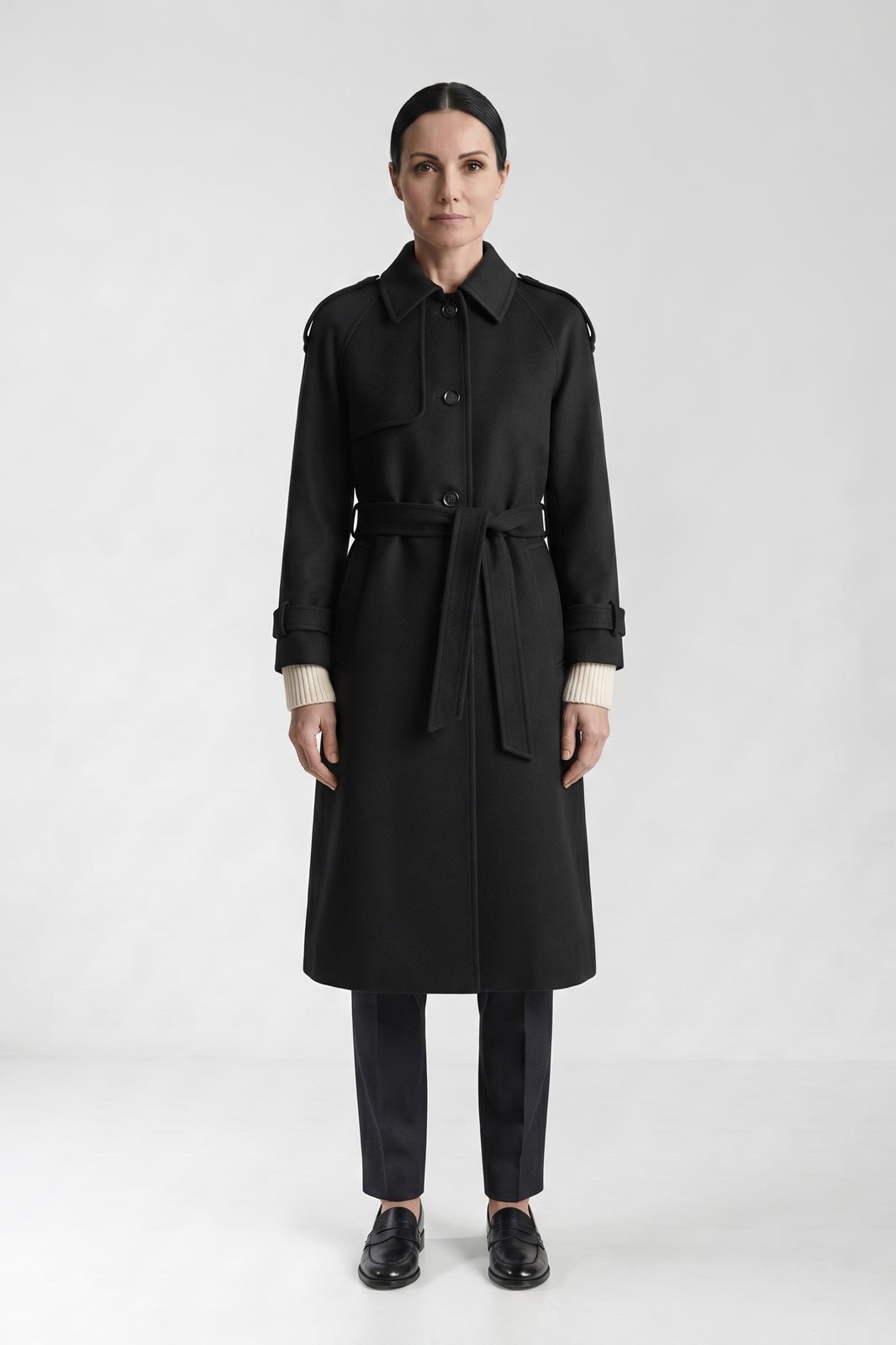 Women's Trench Coat | Waist Belt — Black — front view — on model
