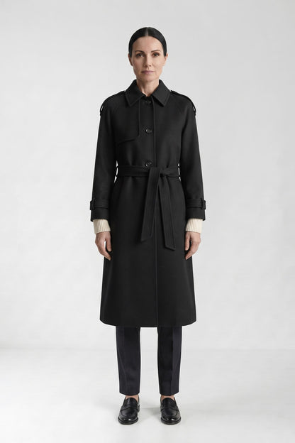 Women's Trench Coat | Waist Belt — Black — front view — on model