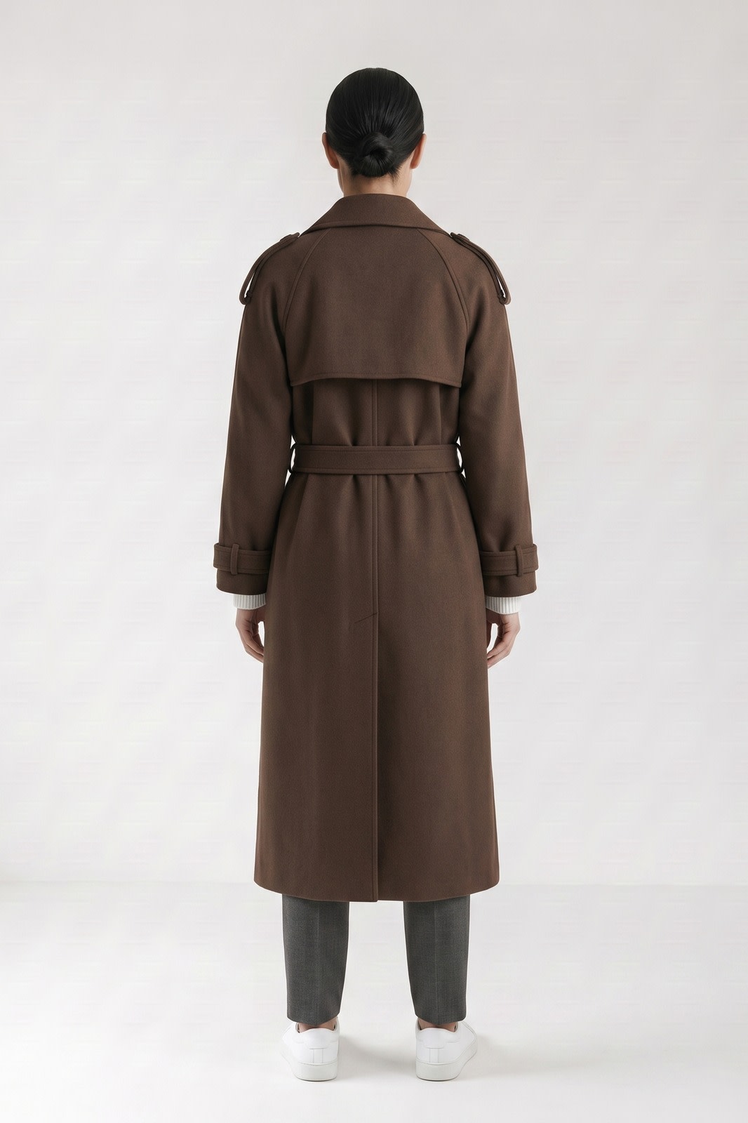 Women's Trench Coat | Waist Belt — Brown — back view — on model