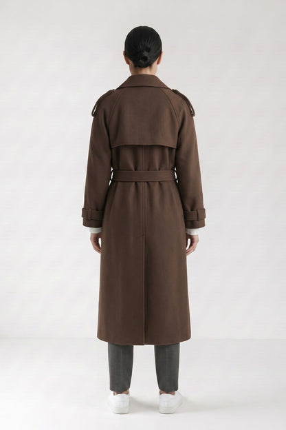Women's Trench Coat | Waist Belt — Brown — back view — on model