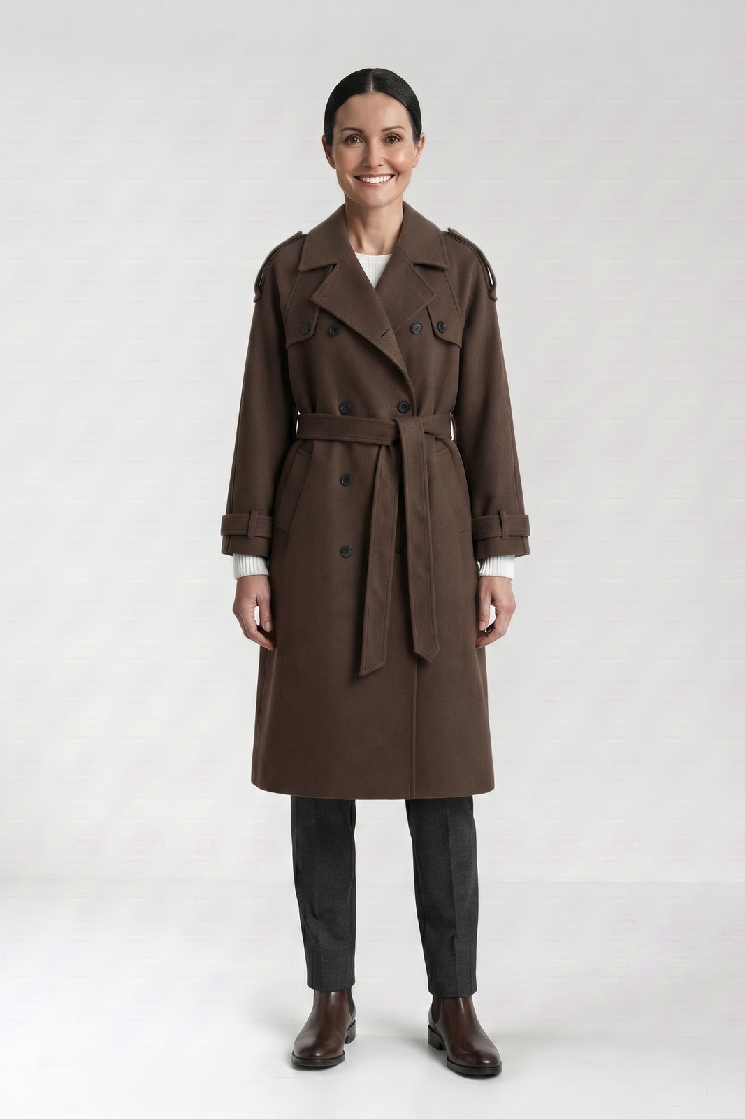 Women's Trench Coat | Waist Belt — Brown — front view — on model