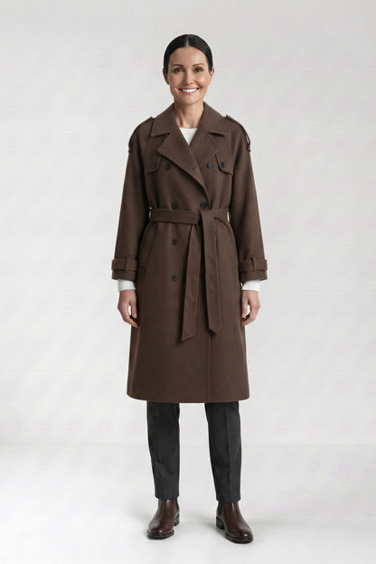 Women's Trench Coat | Waist Belt — Brown — front view — on model