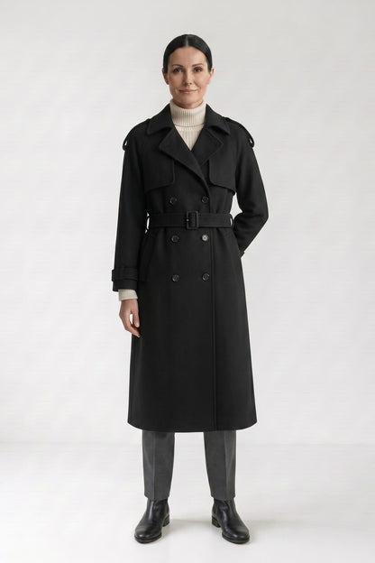 Women's Trench Coat | Waist Belt — Schwarz — front view — on model