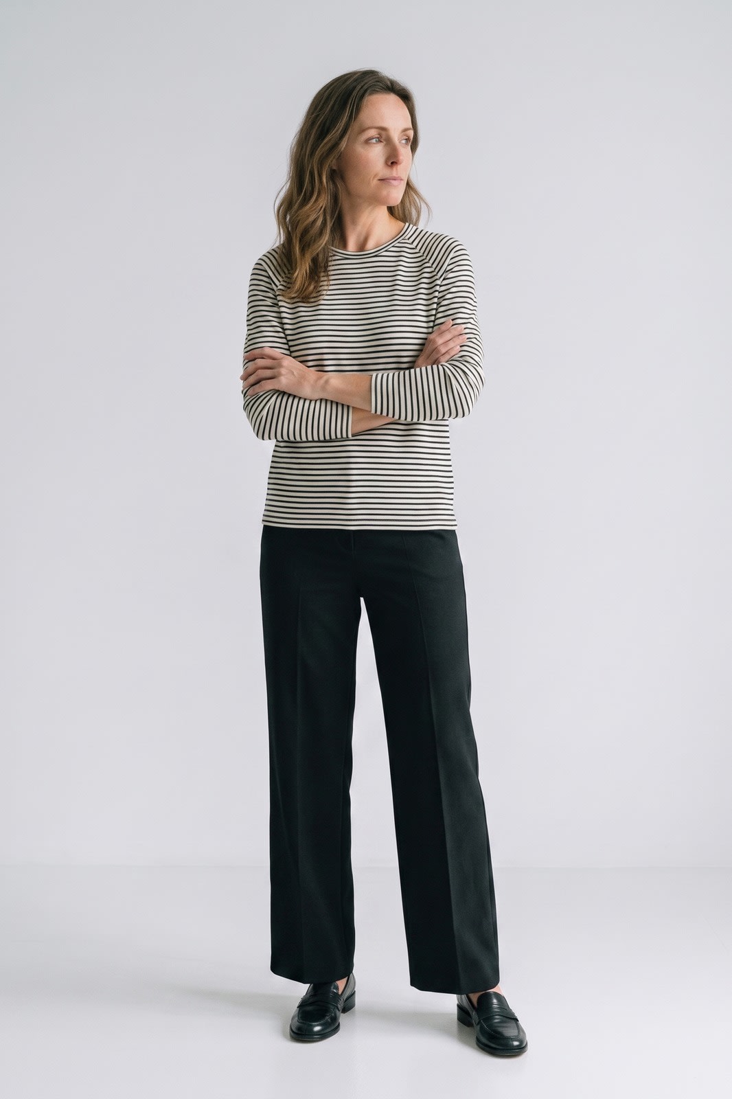 Women's Striped Long-Sleeve Shirt | Raglan — Weiß — front view — on model