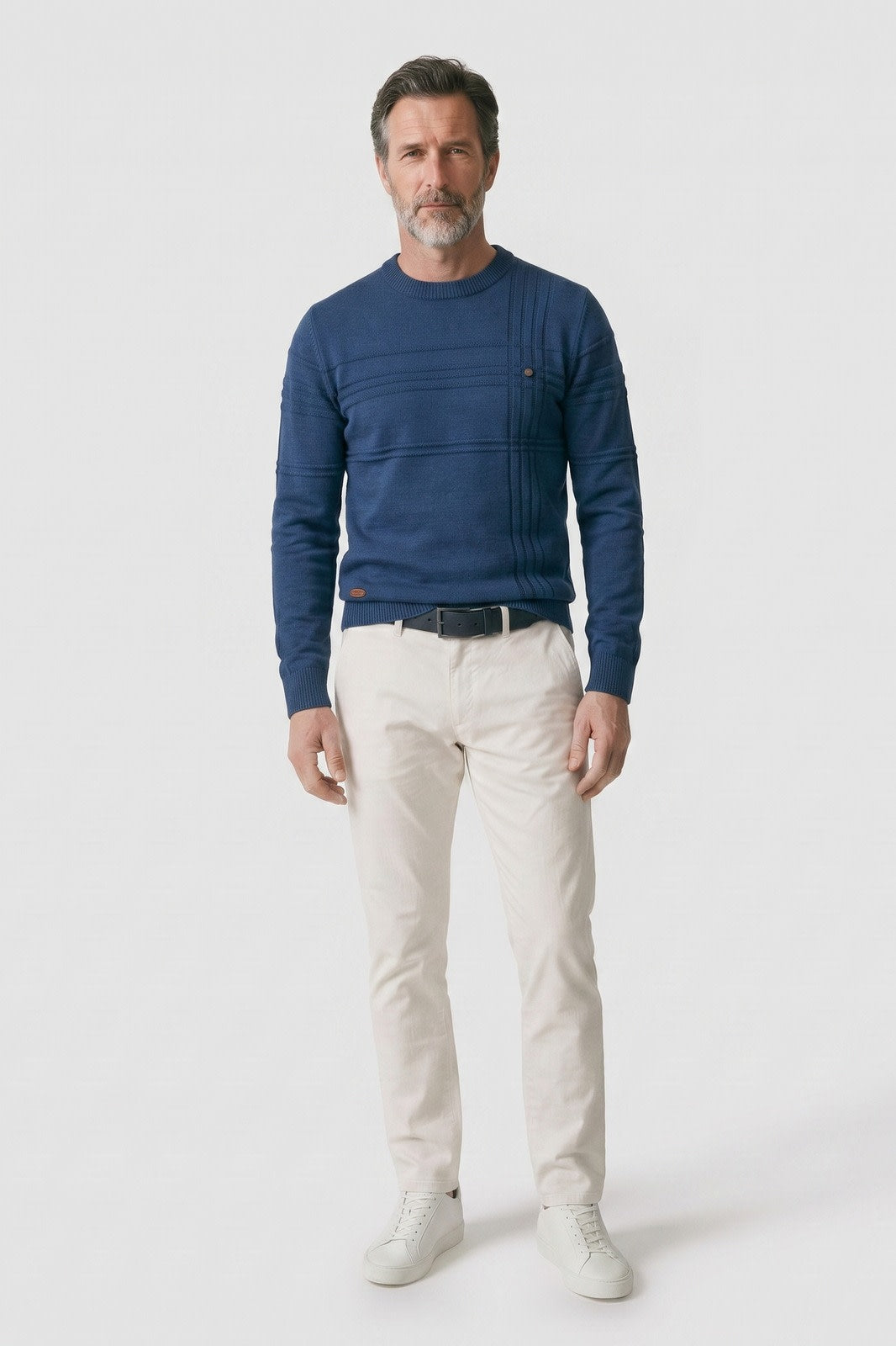 Men's Striped Crew Sweater | Ribbed Trim — Blau — front view — on model