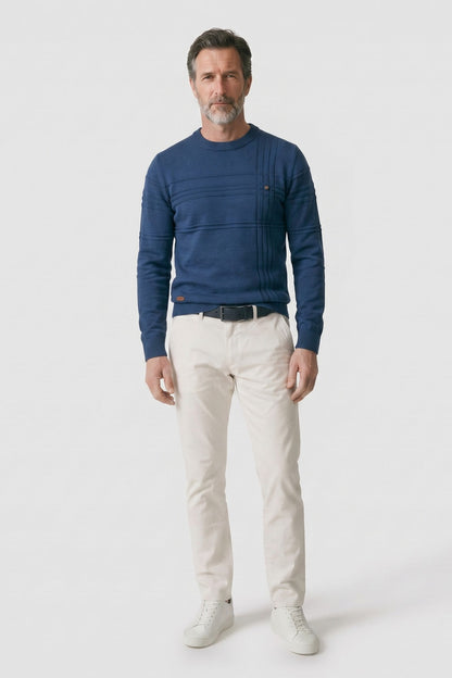 Men's Striped Crew Sweater | Ribbed Trim — Blau — front view — on model