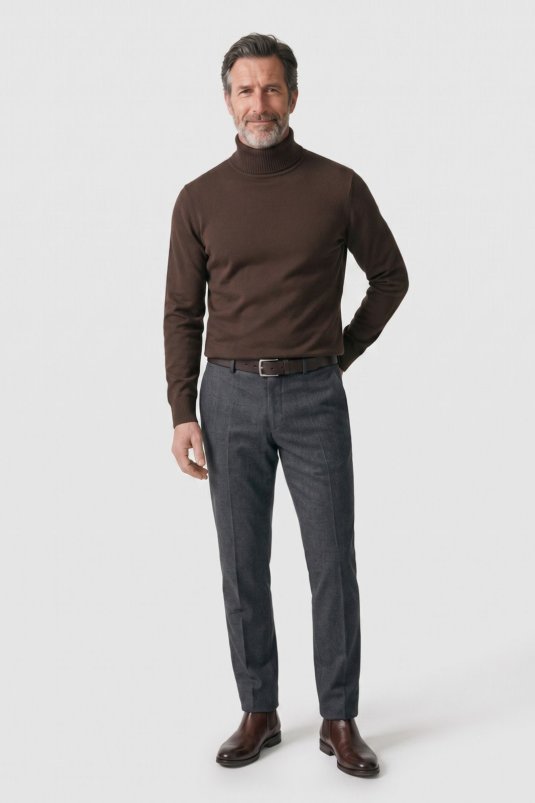 Men's Turtleneck Sweater | Ribbed Cuffs — Brown — front view — on model