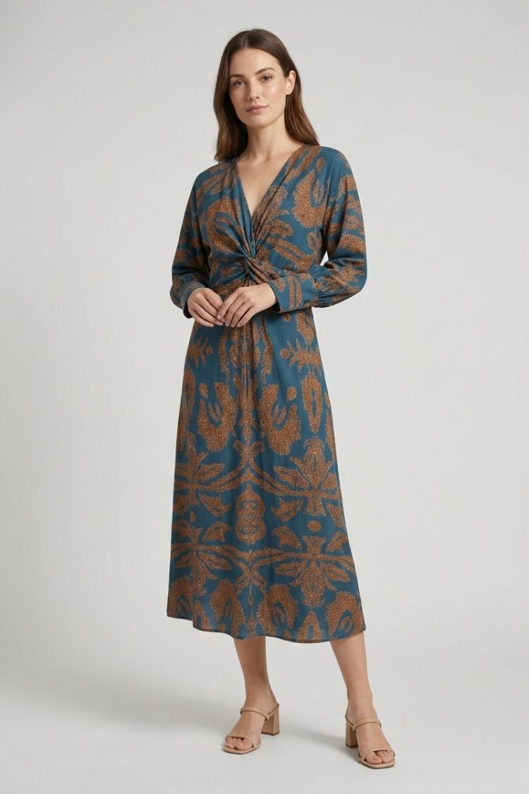 Midi Dress for Women in Wrap Style with V-Neck