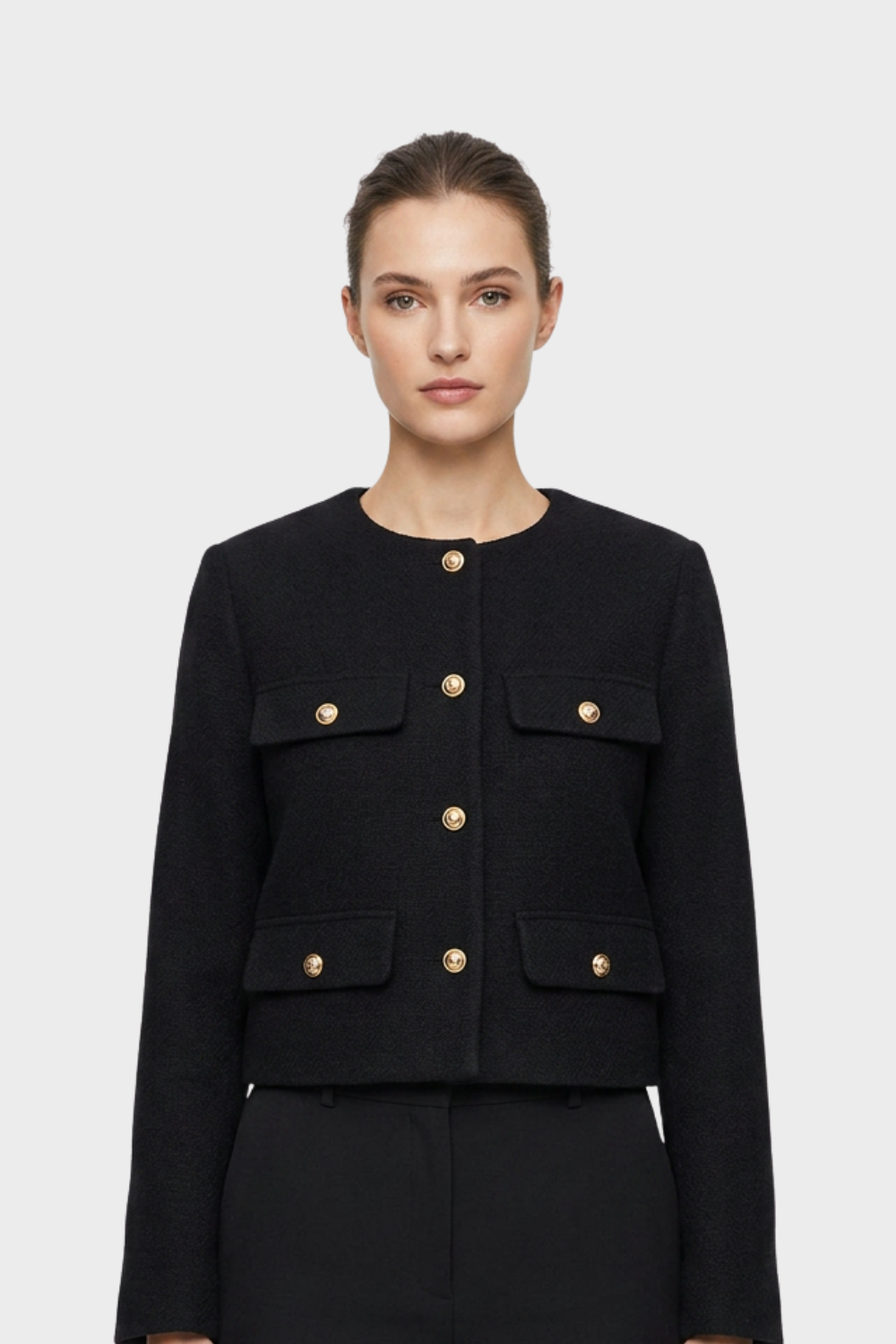 Women's Short Round Neck Jacket with Button Placket and Pockets