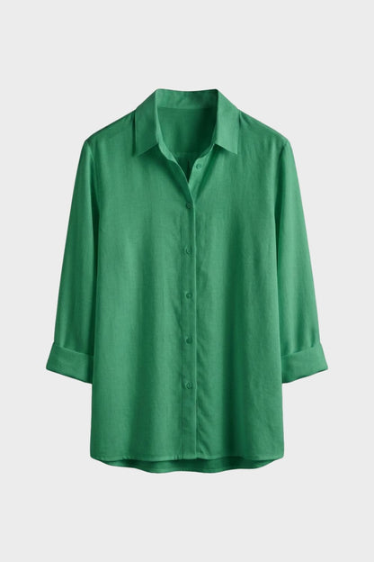 Women's White Long Sleeve Blouse with Collar and Button Placket