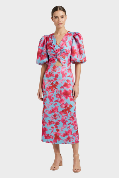 Women's Midi Dress with V-Neck and Floral Pattern