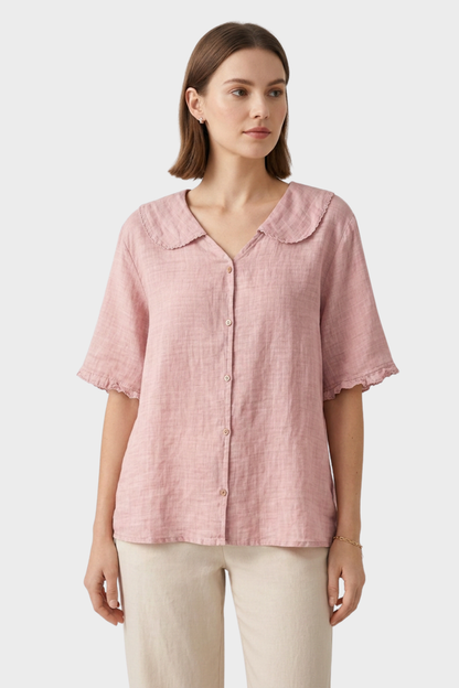 Women's Short Sleeve Blouse with Button Placket