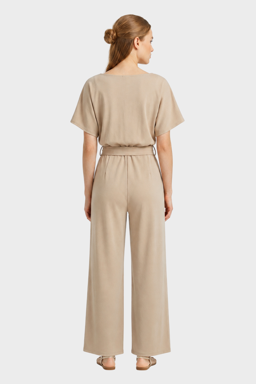 Women's Long Jumpsuit with Tie Belt and Short Sleeves