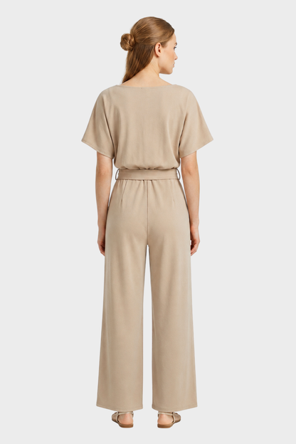 Women's Long Jumpsuit with Tie Belt and Short Sleeves