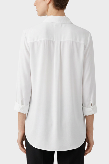 Women's White Long Sleeve Blouse with Collar and Button Placket