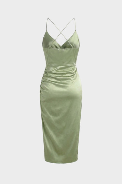 Women's Satin Maxi Dress with Wrap Effect and Slit