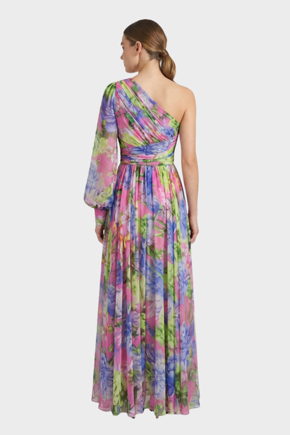 Women's One-Shoulder Maxi Dress with Floral Pattern