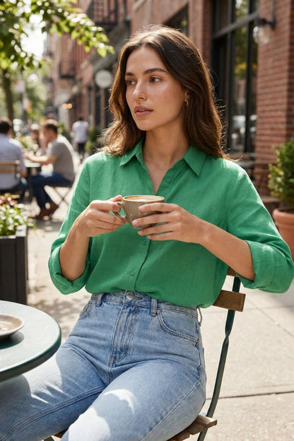Women's White Long Sleeve Blouse with Collar and Button Placket