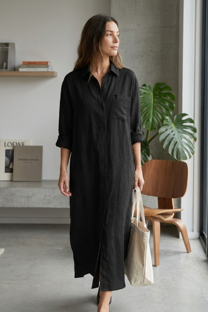 Women's Long Shirt Dress with Button Placket