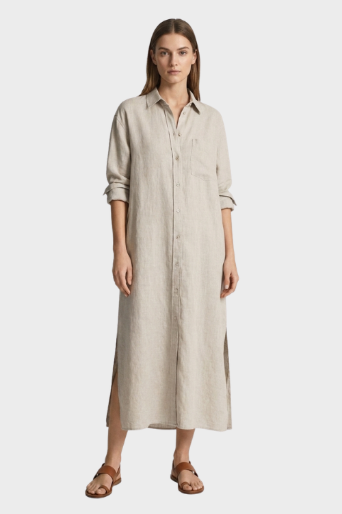Women's Long Shirt Dress with Button Placket