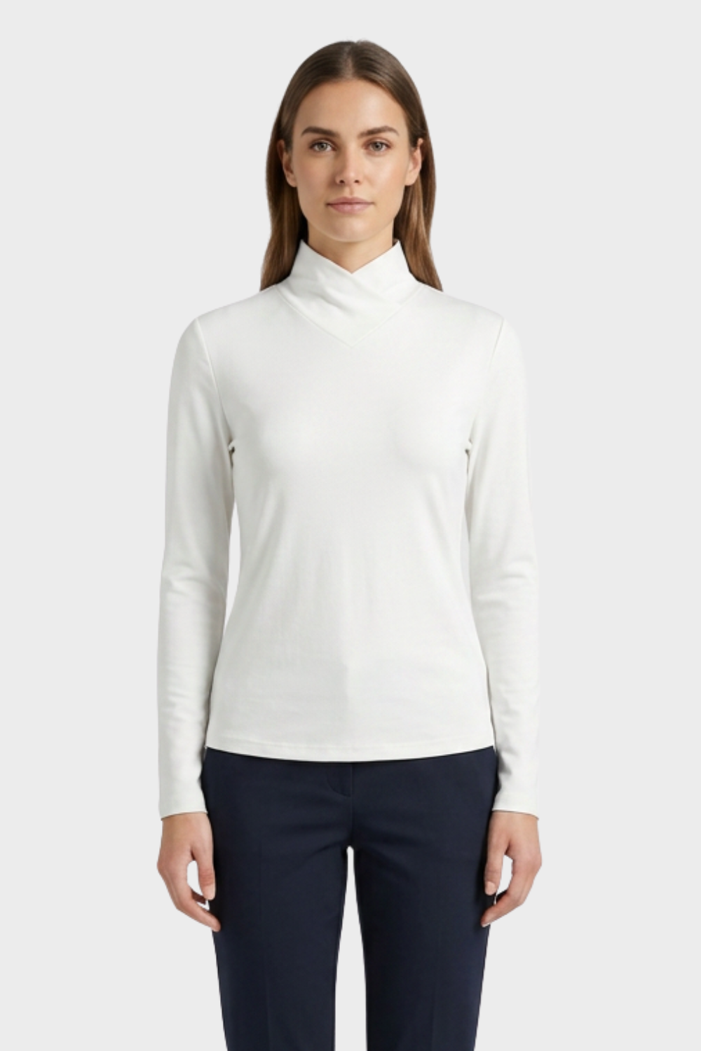 Women's Long Sleeve Top with Stand-up Collar and V-neck