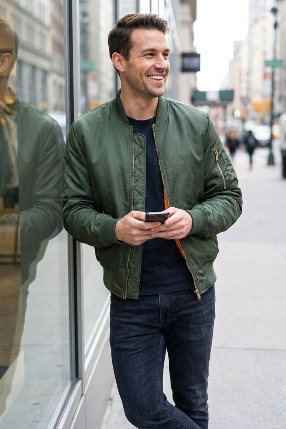 Men's Padded Bomber Jacket with Zip and Stand-Up Collar