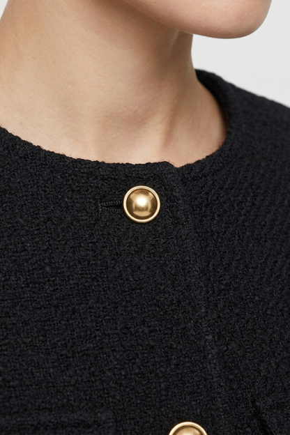 Women's Short Round Neck Jacket with Button Placket and Pockets