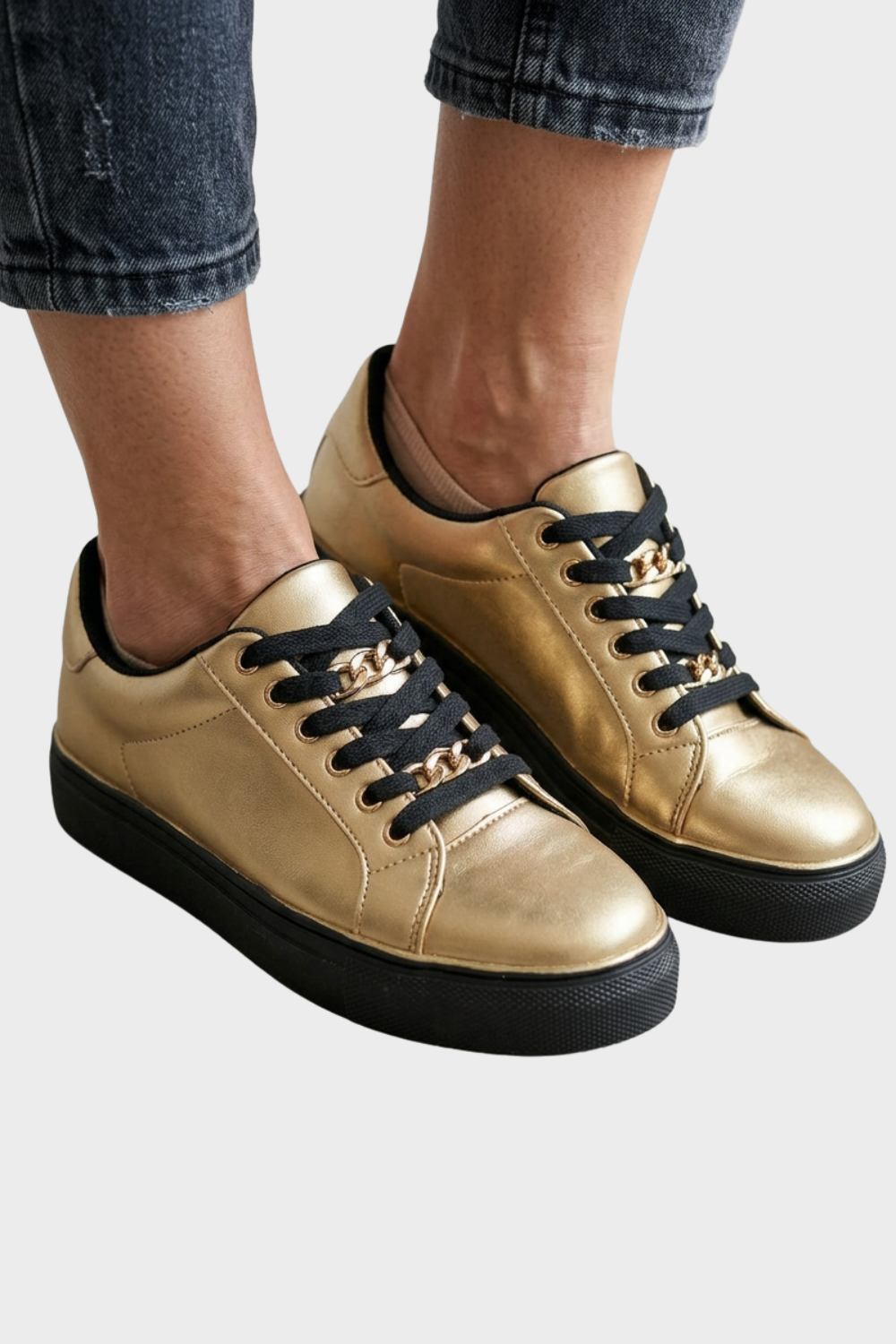 Women's Black Sneakers with Gold Chain and Platform Sole