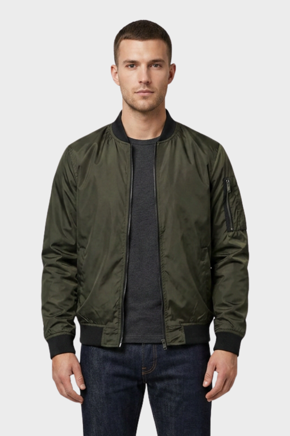 Men's Bomber Jacket with Zip and Stand-Up Collar