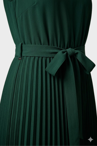 Midi Dress for Women with Pleated Skirt and Belt