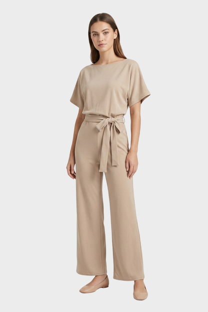 Women's Long Jumpsuit with Tie Belt and Short Sleeves