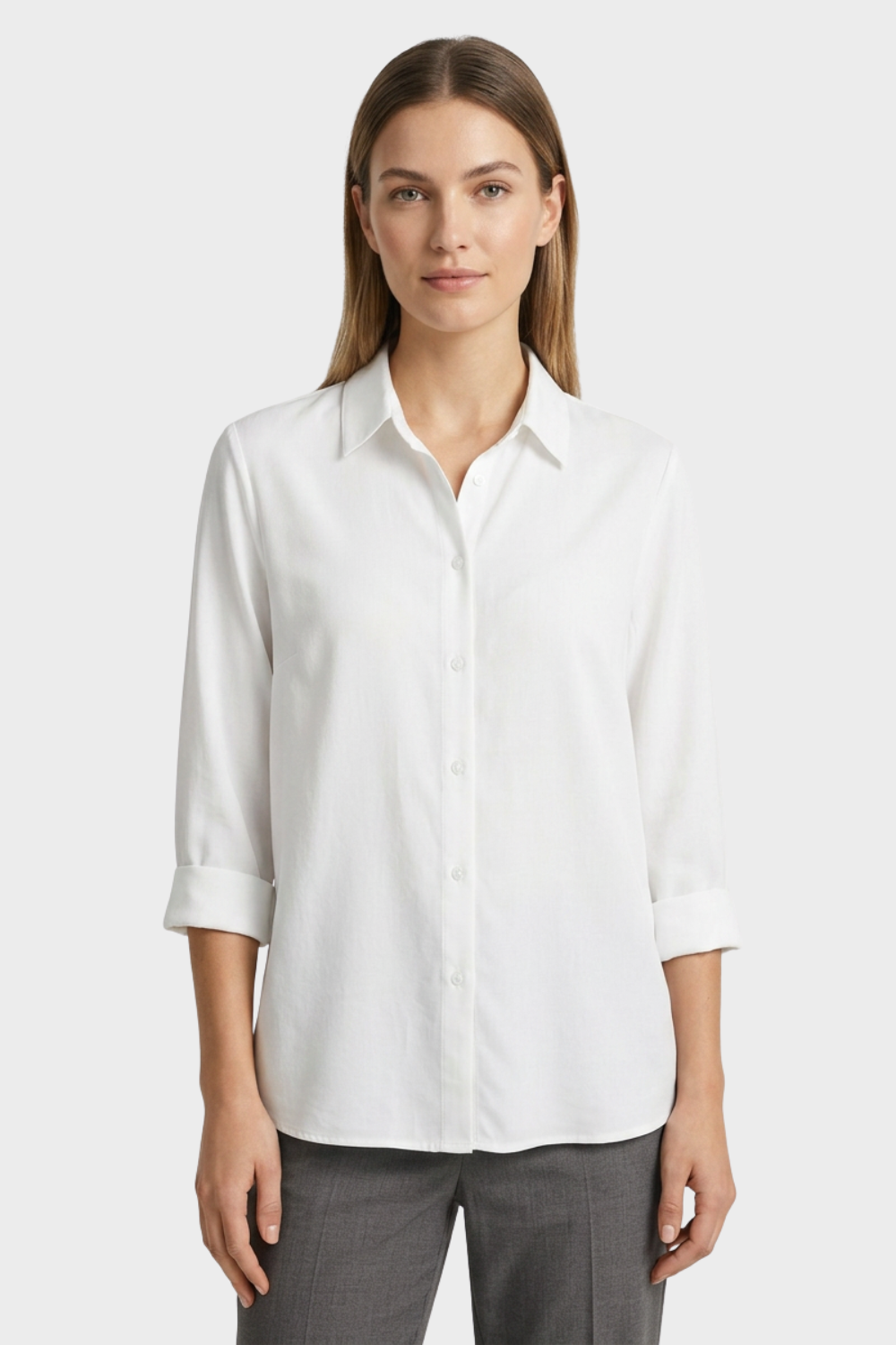 Women's White Long Sleeve Blouse with Collar and Button Placket