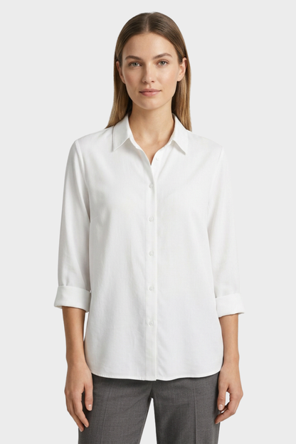 Women's White Long Sleeve Blouse with Collar and Button Placket