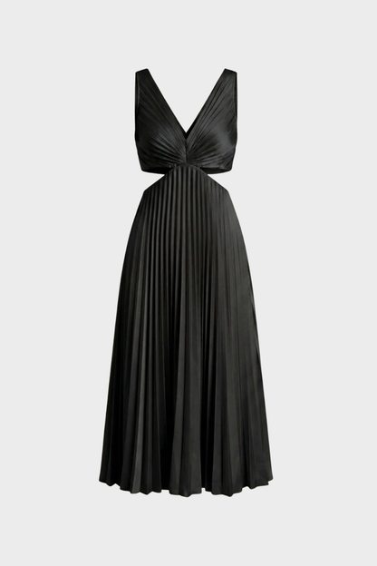 Maxi Dress for Women with Pleats and V-Neck