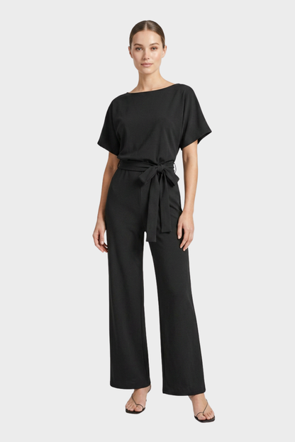 Women's Long Jumpsuit with Tie Belt and Short Sleeves