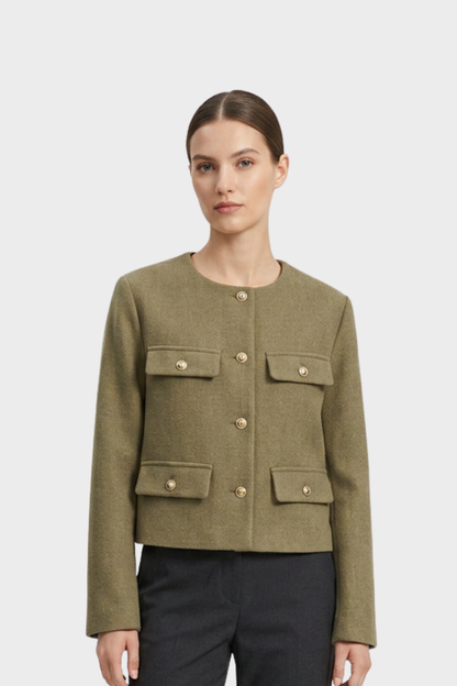 Women's Short Round Neck Jacket with Button Placket and Pockets
