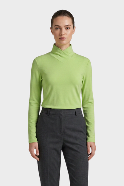 Women's Long Sleeve Top with Stand-up Collar and V-neck