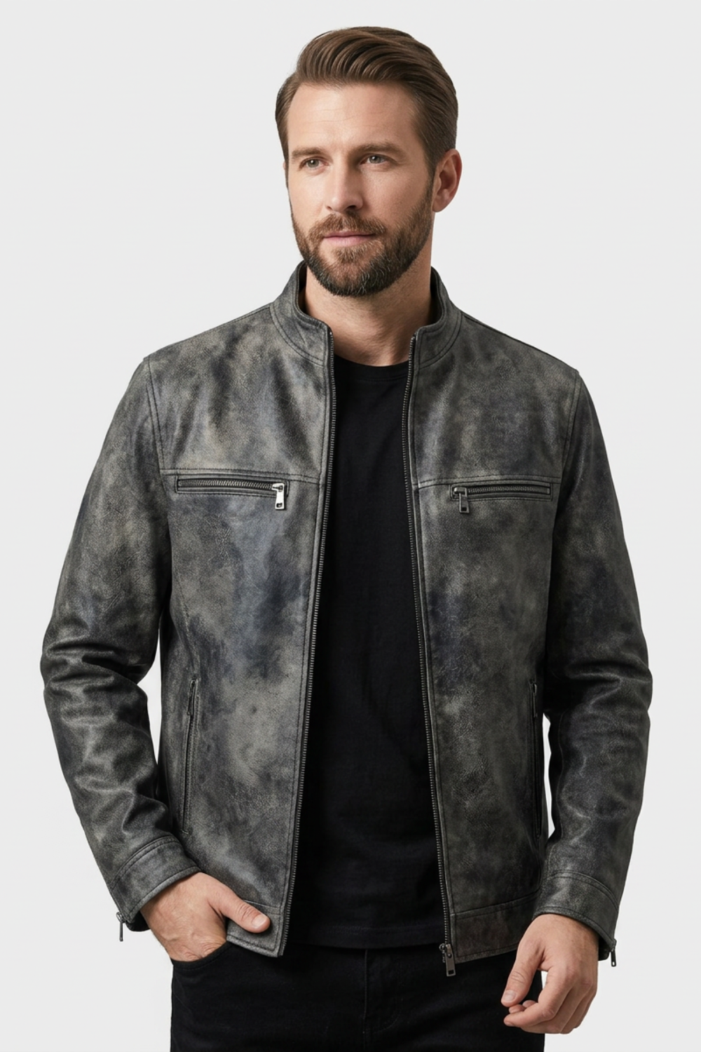 Men's Suede Leather Jacket with Zip