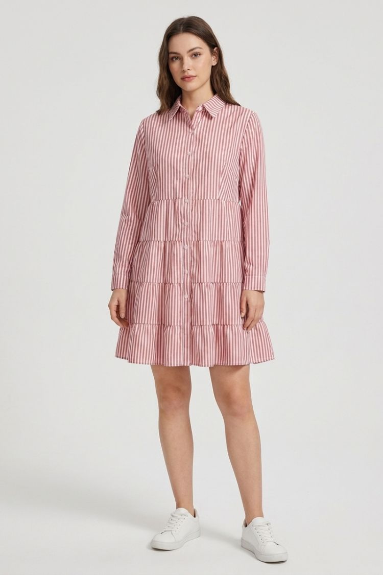 Women's Shirt Dress with Stripes and Button Placket