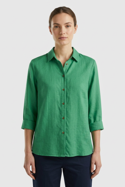 Women's White Long Sleeve Blouse with Collar and Button Placket