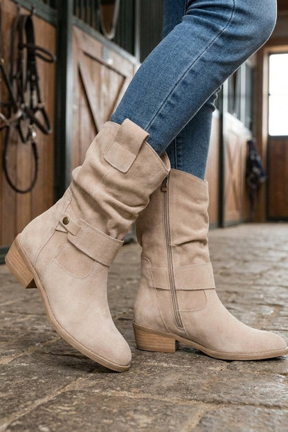 Women's Calf-Length Boots | Buckle Straps & Low Heels