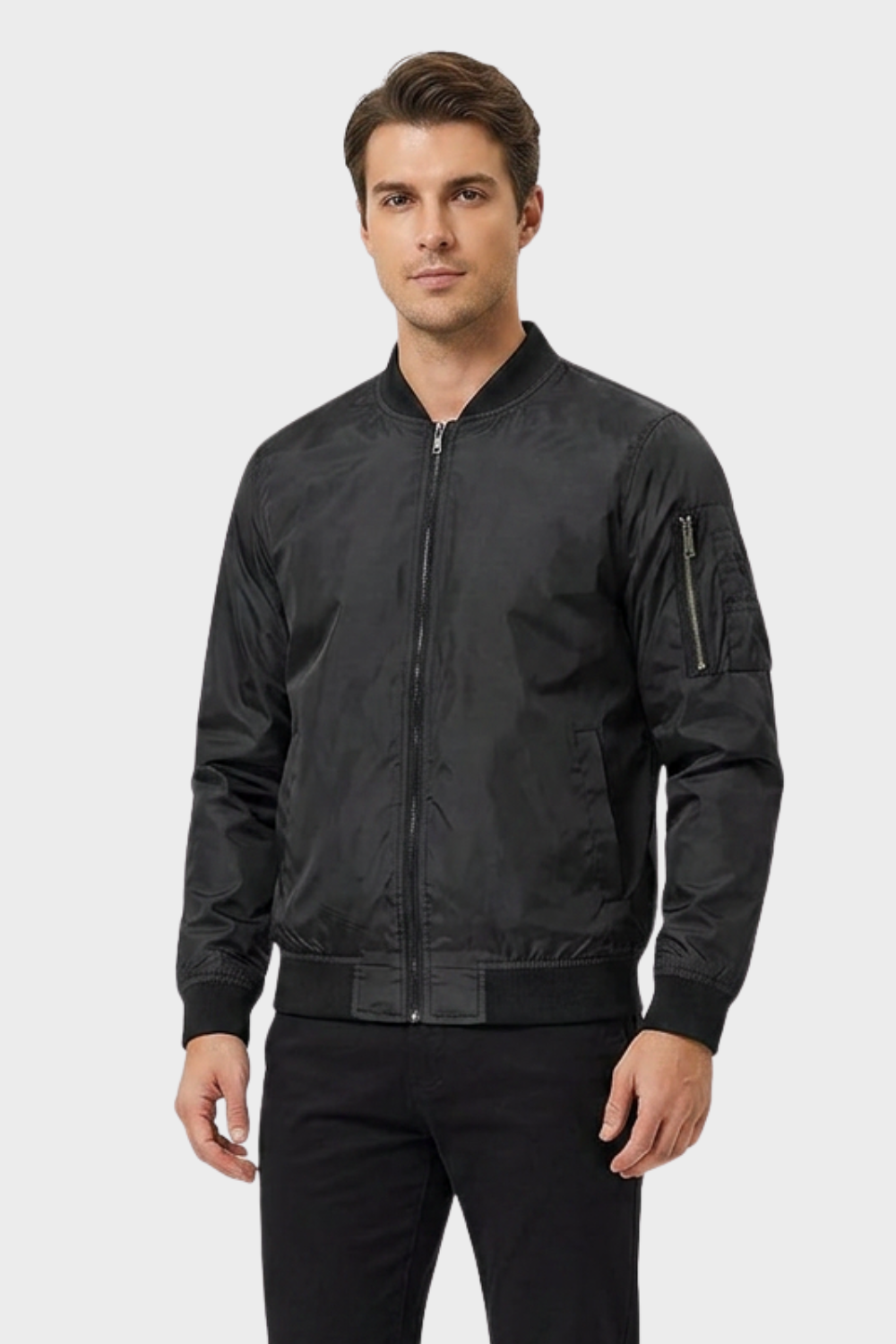 Men's Bomber Jacket with Zip and Stand-Up Collar