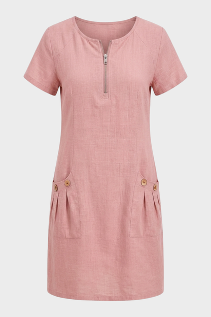 Women's Linen-Look Shift Dress | Zip Neck