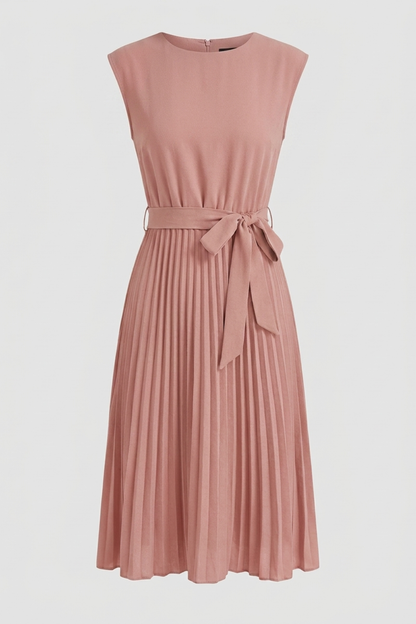 Midi Dress for Women with Pleated Skirt and Belt
