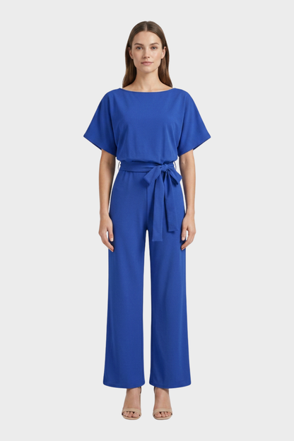 Women's Long Jumpsuit with Tie Belt and Short Sleeves