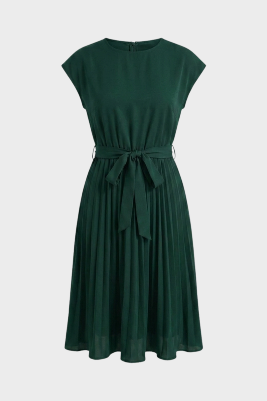 Midi Dress for Women with Pleated Skirt and Belt
