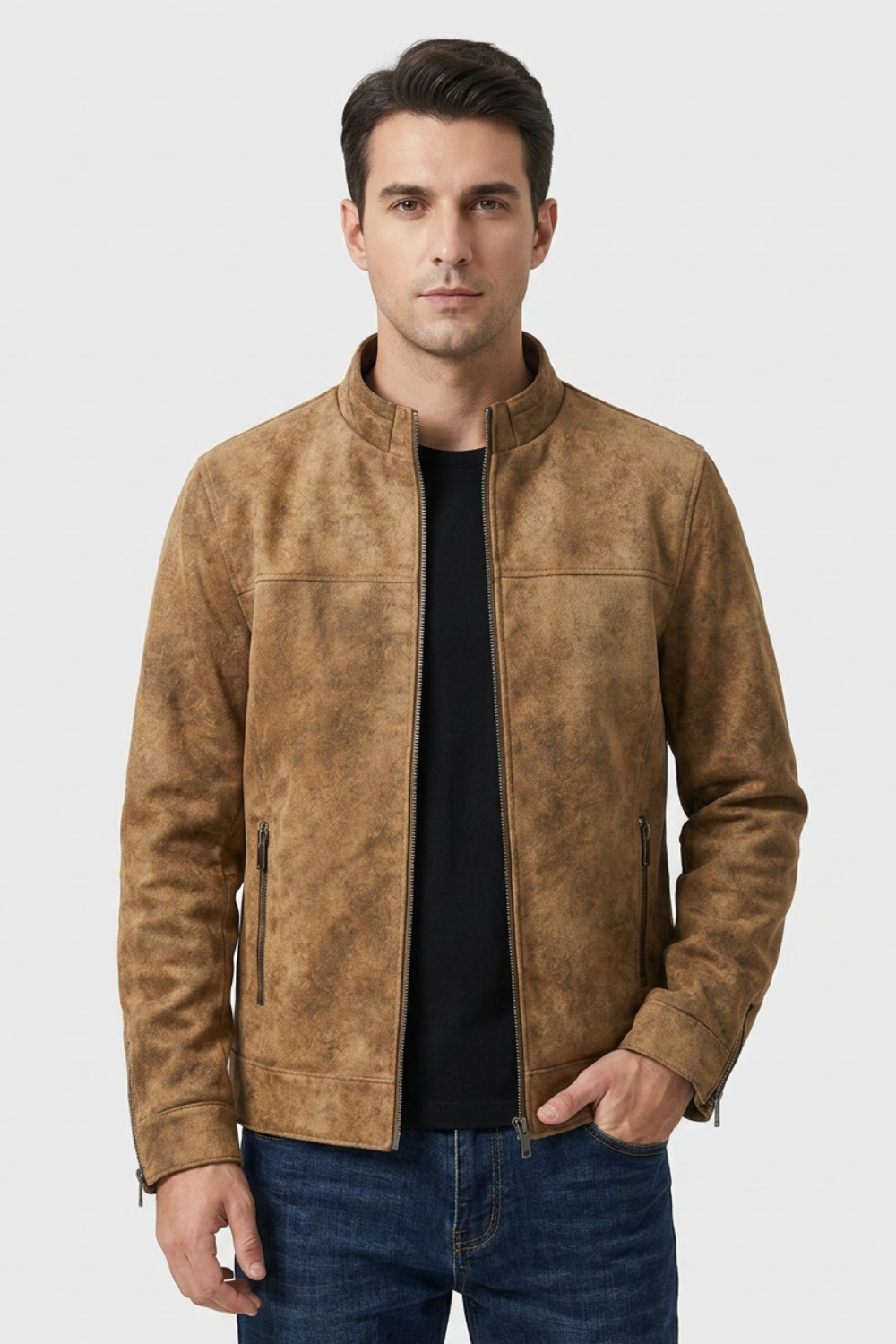 Men's Suede Leather Jacket with Zip