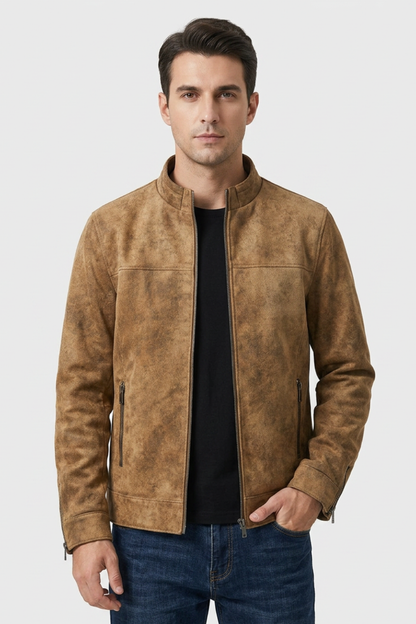 Men's Suede Leather Jacket with Zip