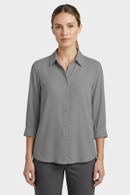 Women's White Long Sleeve Blouse with Collar and Button Placket