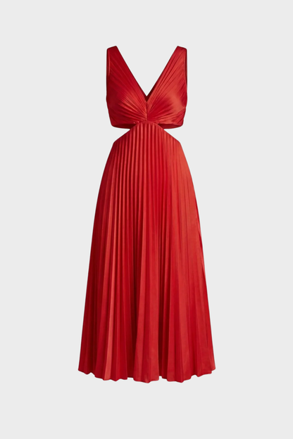 Maxi Dress for Women with Pleats and V-Neck